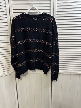 CHARLIE B Black Crewneck Sweater with Pink Trim Accents
